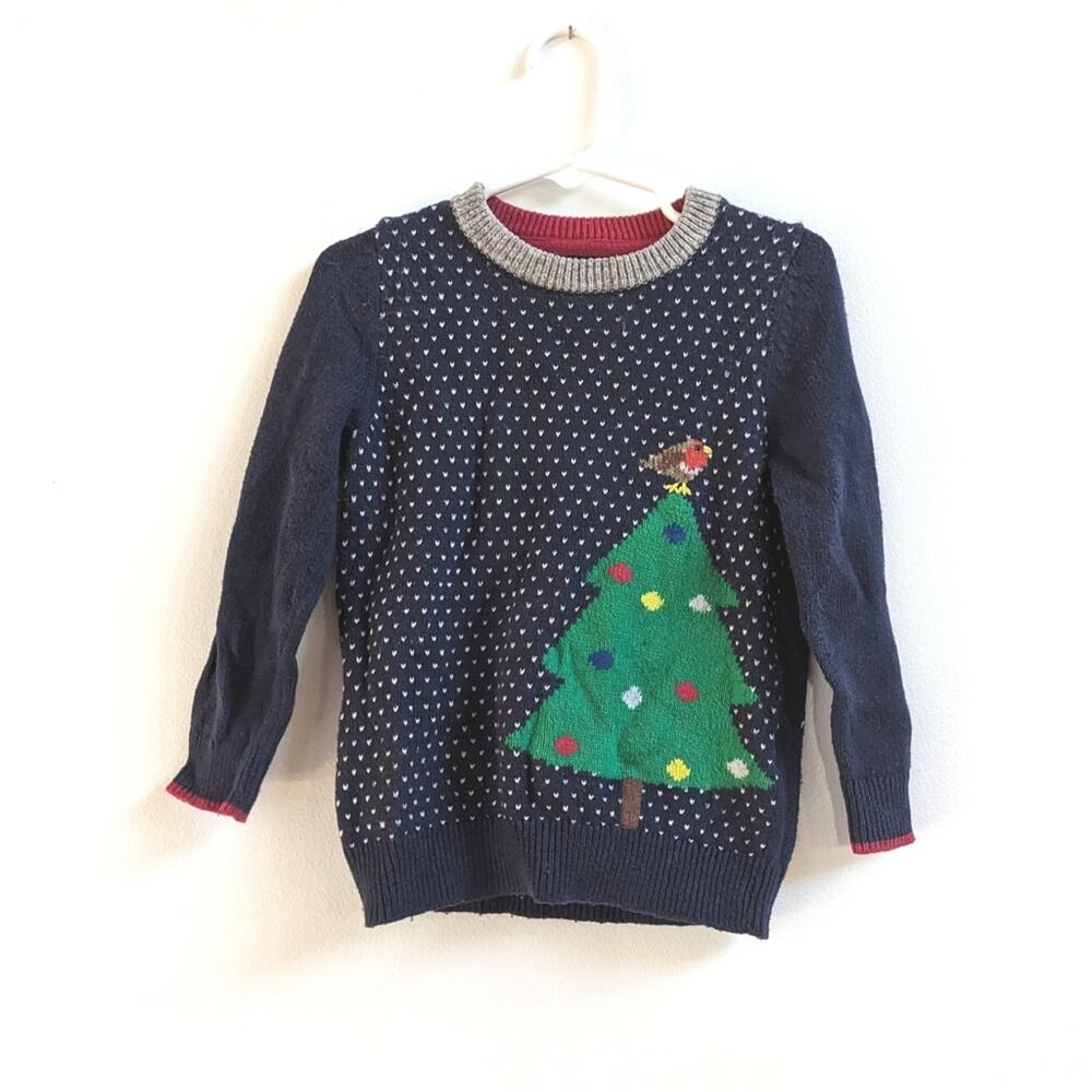 Mini Boden Christmas Sweater Boys Sz 2-3y Navy Tree